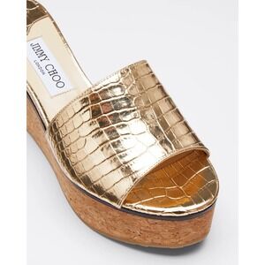 Jimmy Choo Deedee Metallic Cork Platform Sandals Gold Croc Embossed Glam Resort
